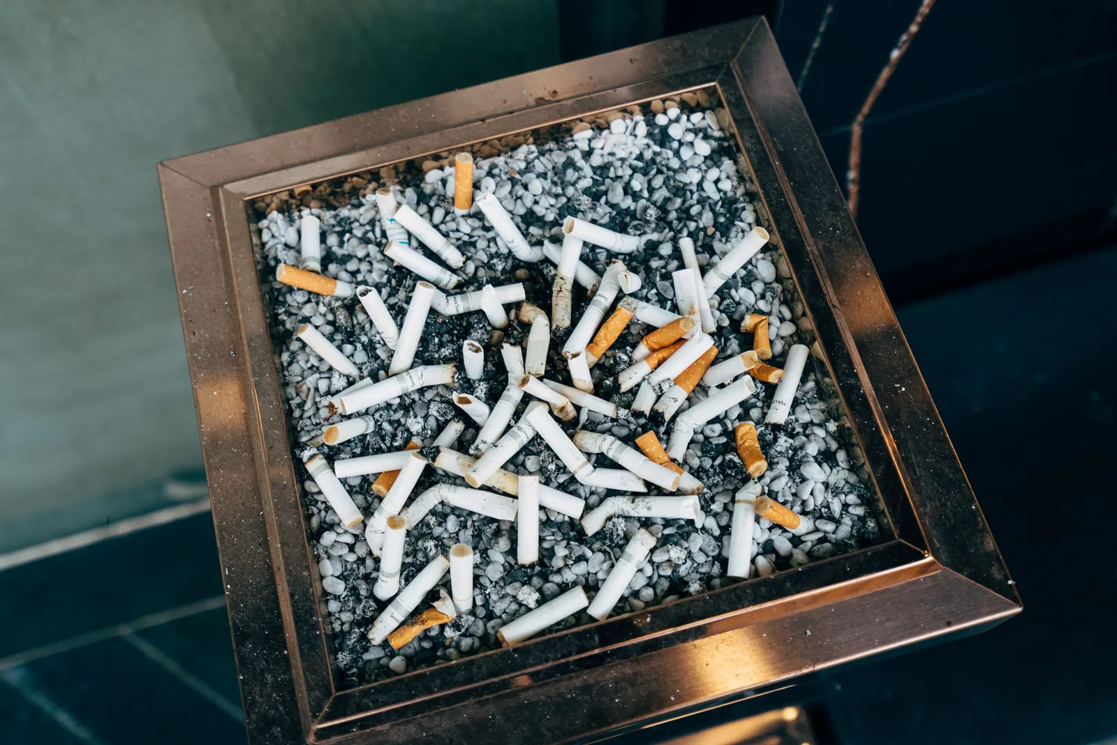 Discarded cigarettes in an ashtray.
