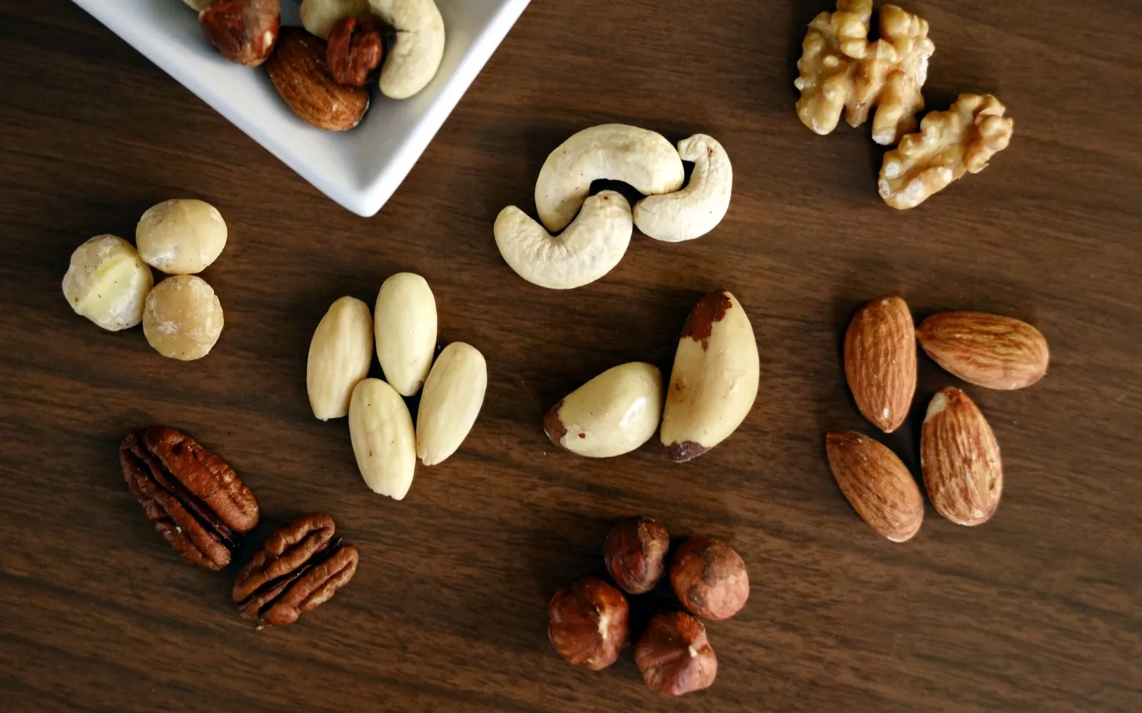 Small piles of plain unsalted nuts on a wooden table: almonds, cashews, walnuts, pecans, hazelnuts, Brazil nuts and macadamias