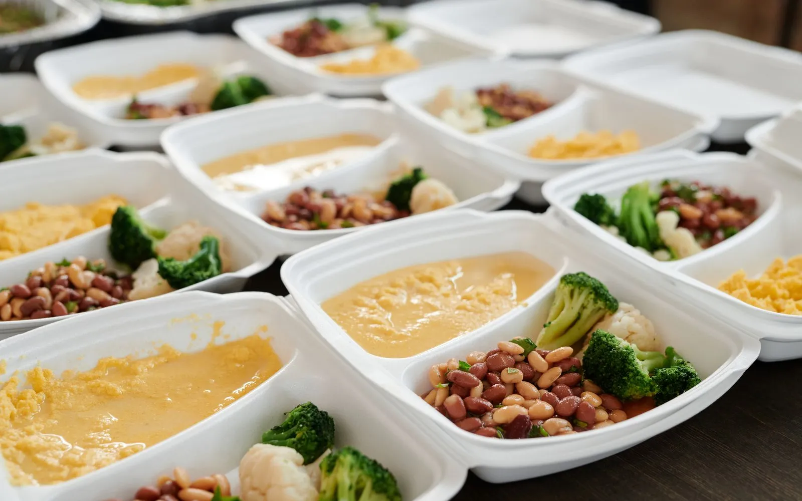Rows of takeaway meal trays filled with beans, broccoli, cauliflower and a yellow mash