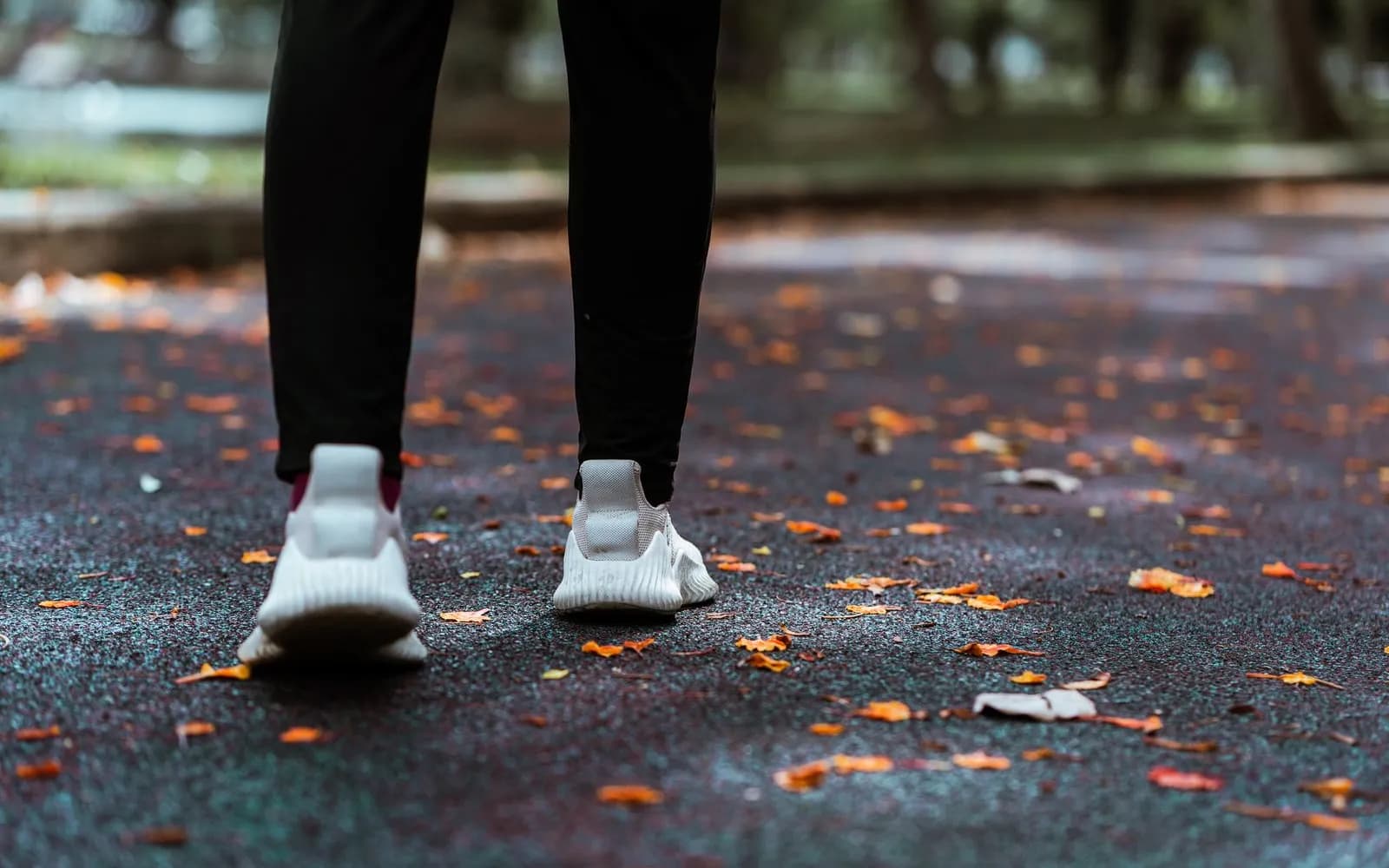 Legs in dark trousers and white trainers walking along a park path scattered with fallen orange leaves