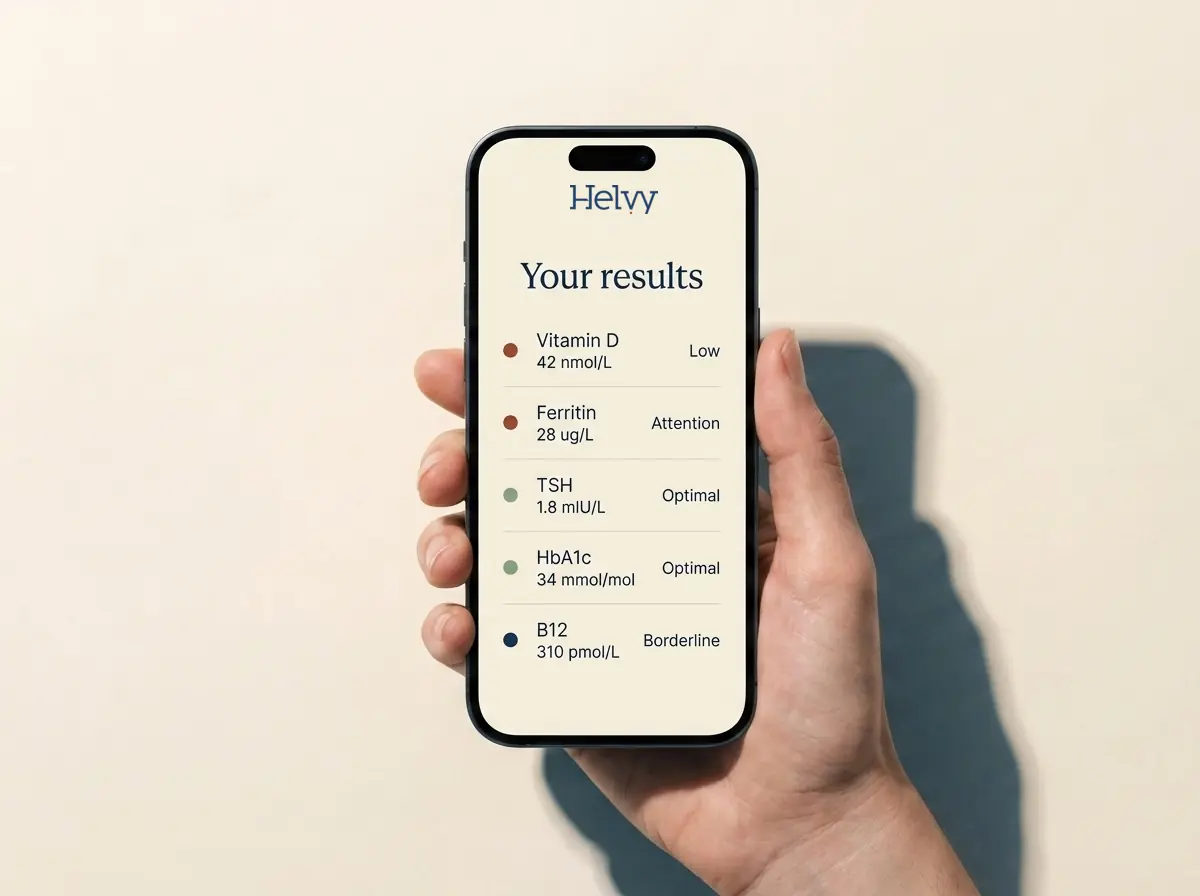 Helvy results read back in plain English, held in the hand