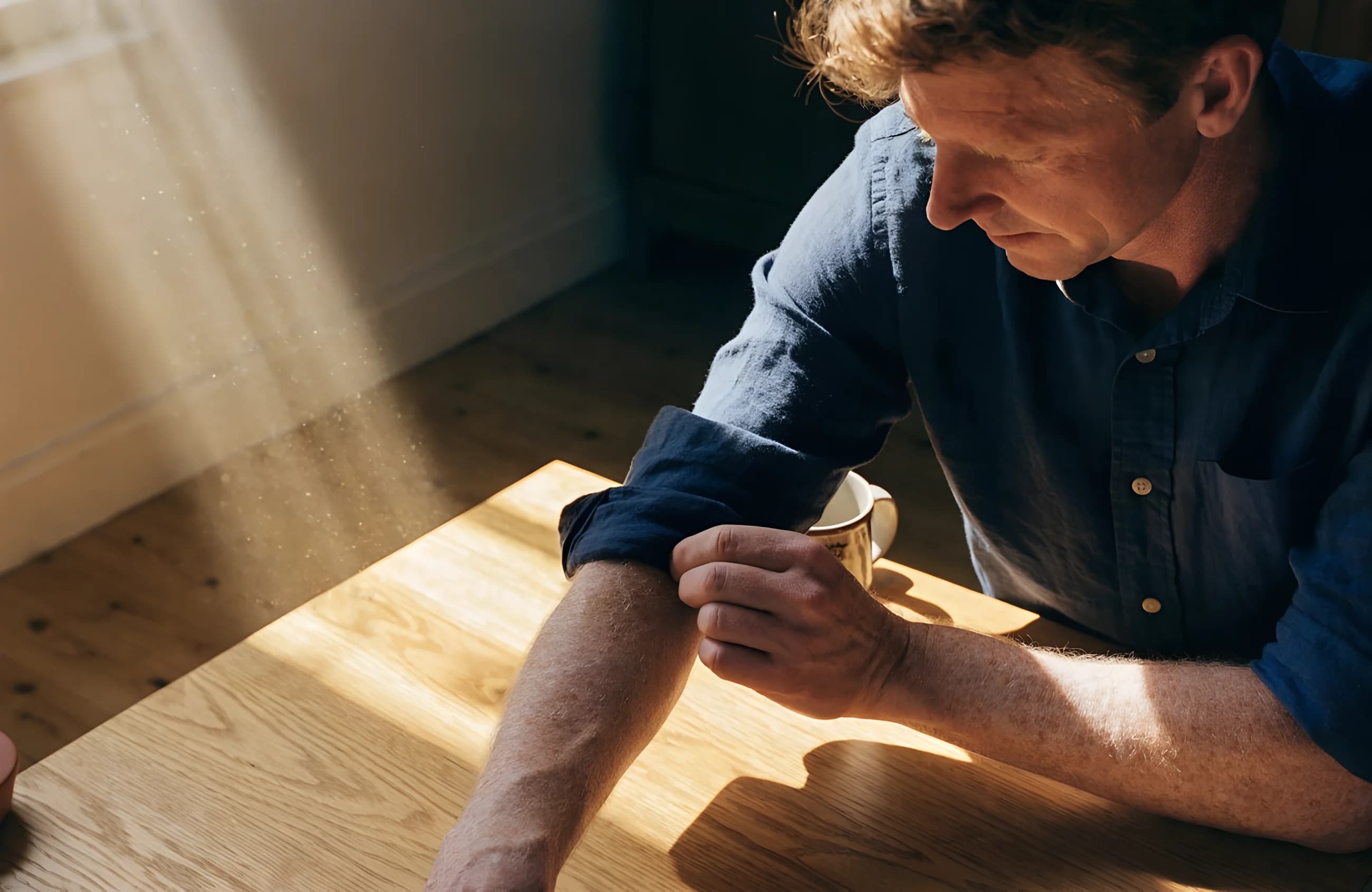 Rolling up a sleeve in the morning light.