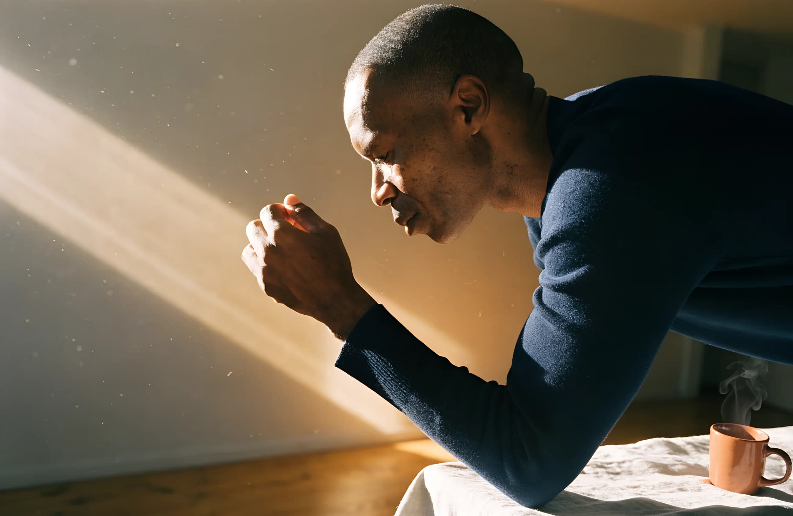 A Black man sits in thought, a fist resting at his chin in warm morning light.