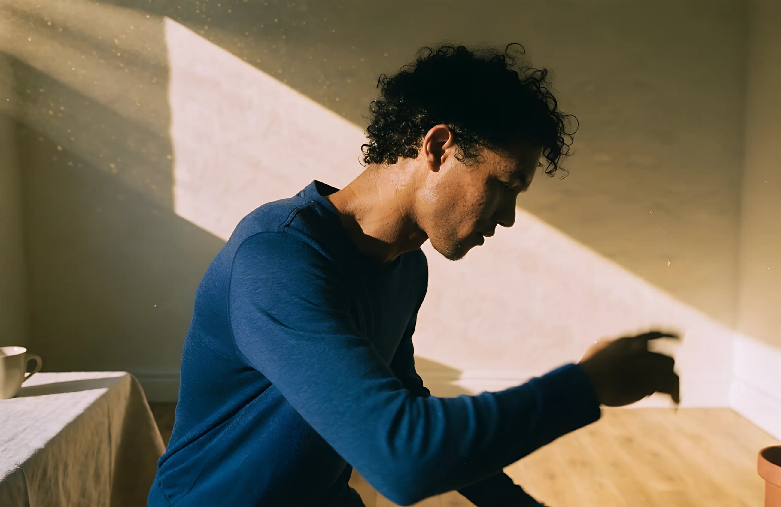 A mixed-race man reaches into a low shaft of morning light at home