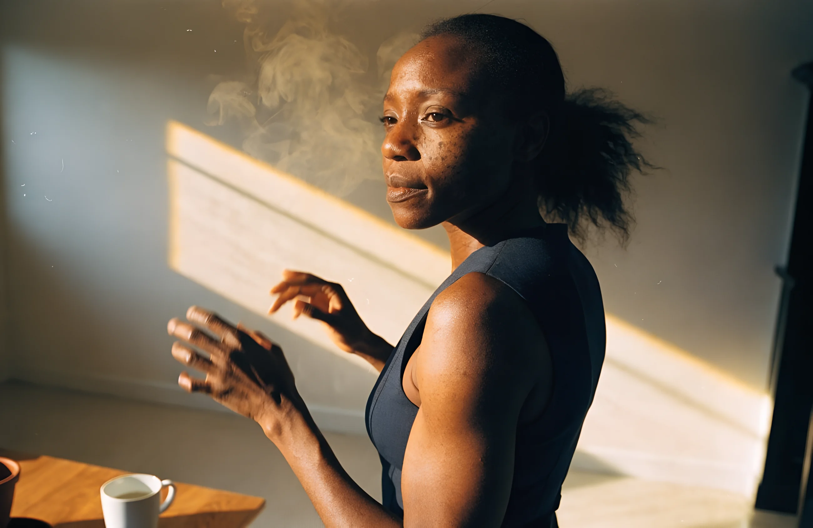 A Black woman pauses in the morning light, coffee steam catching a low shaft of sun