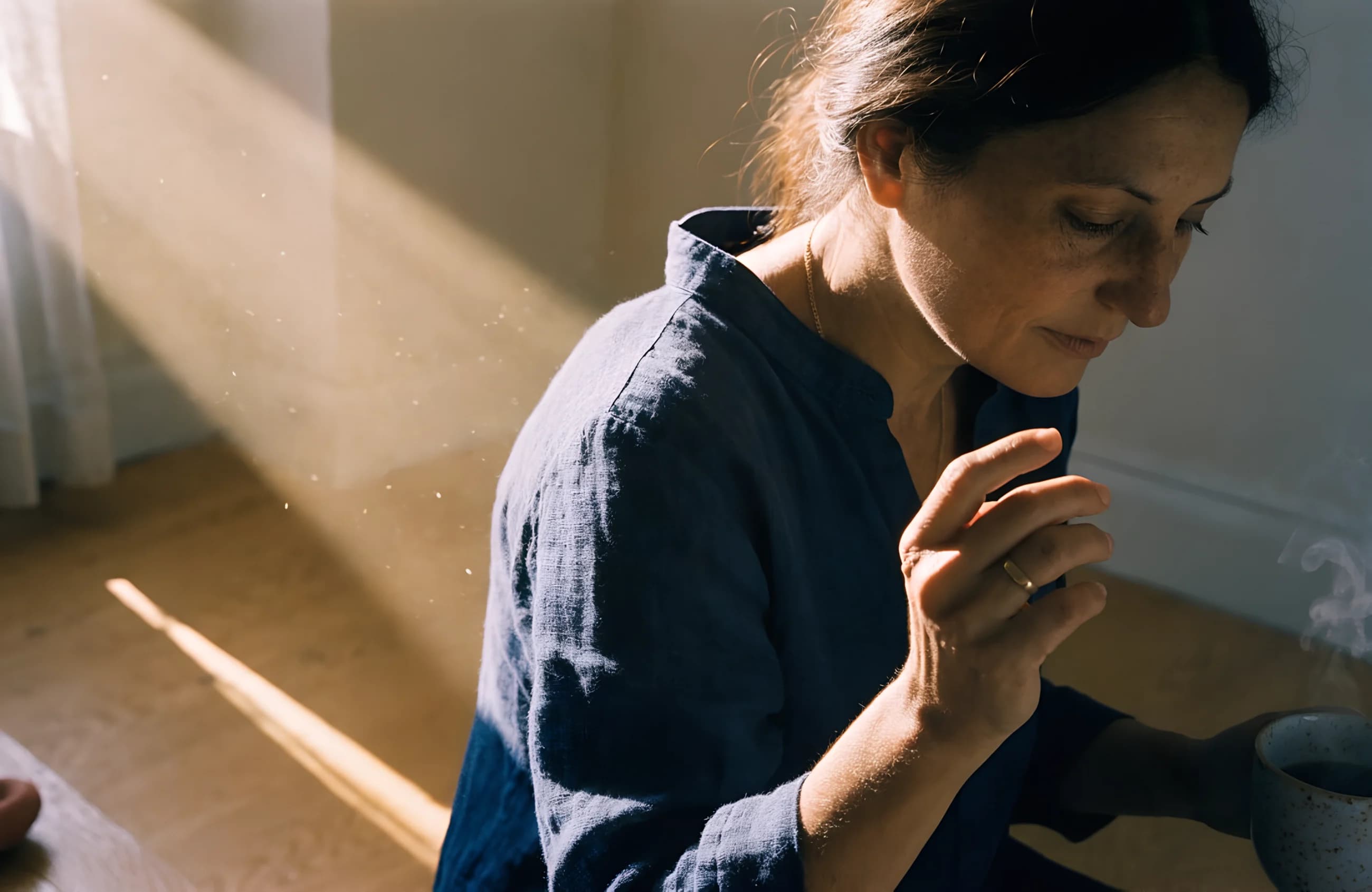 A Middle Eastern woman sits calmly with a mug in warm morning light