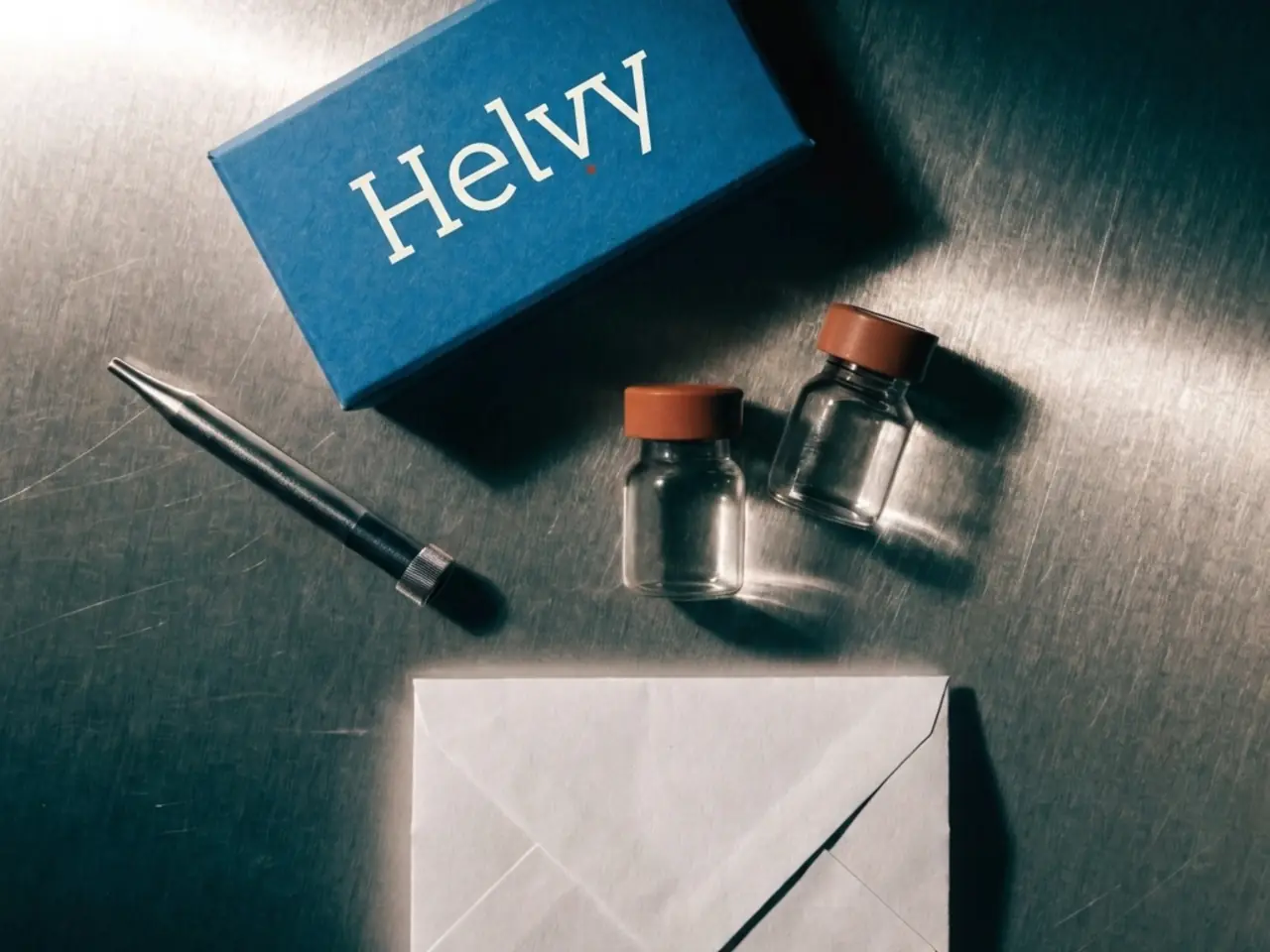 A Helvy home blood test kit, freshly arrived and laid out on warm ivory paper.