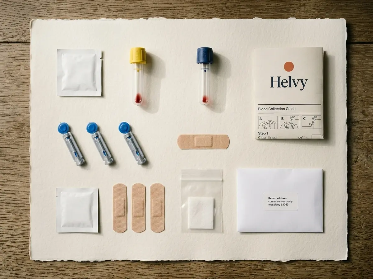 The Helvy kit contents laid out on ivory paper: collection tubes, lancets, alcohol wipes, plasters, specimen bag, prepaid return envelope and the Helvy blood collection guide.