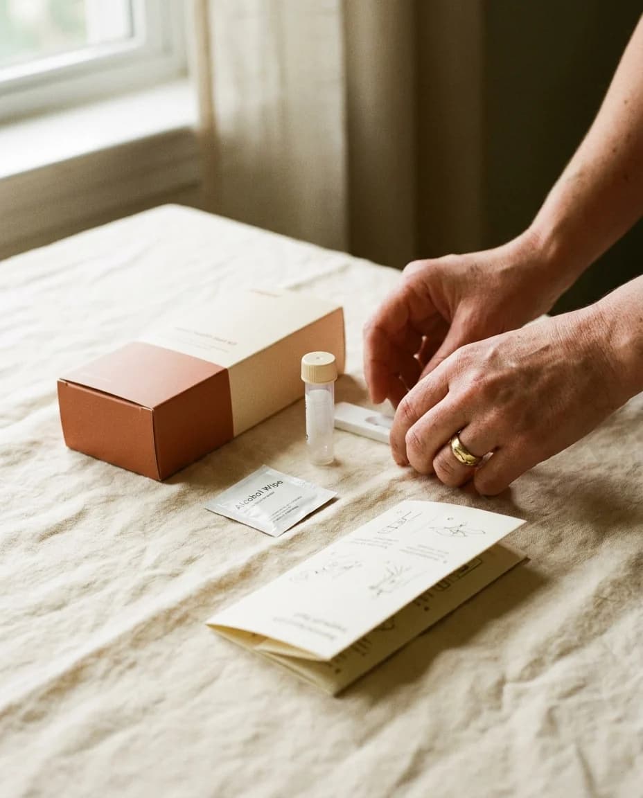 The Helvy at-home test kit laid out on linen: a slim box, a sample vial, an alcohol wipe and a folded instruction card