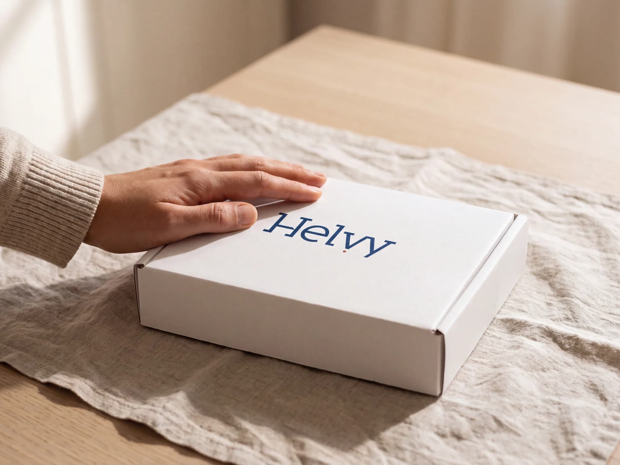 A hand resting on the closed white Helvy box on a linen runner at a kitchen table