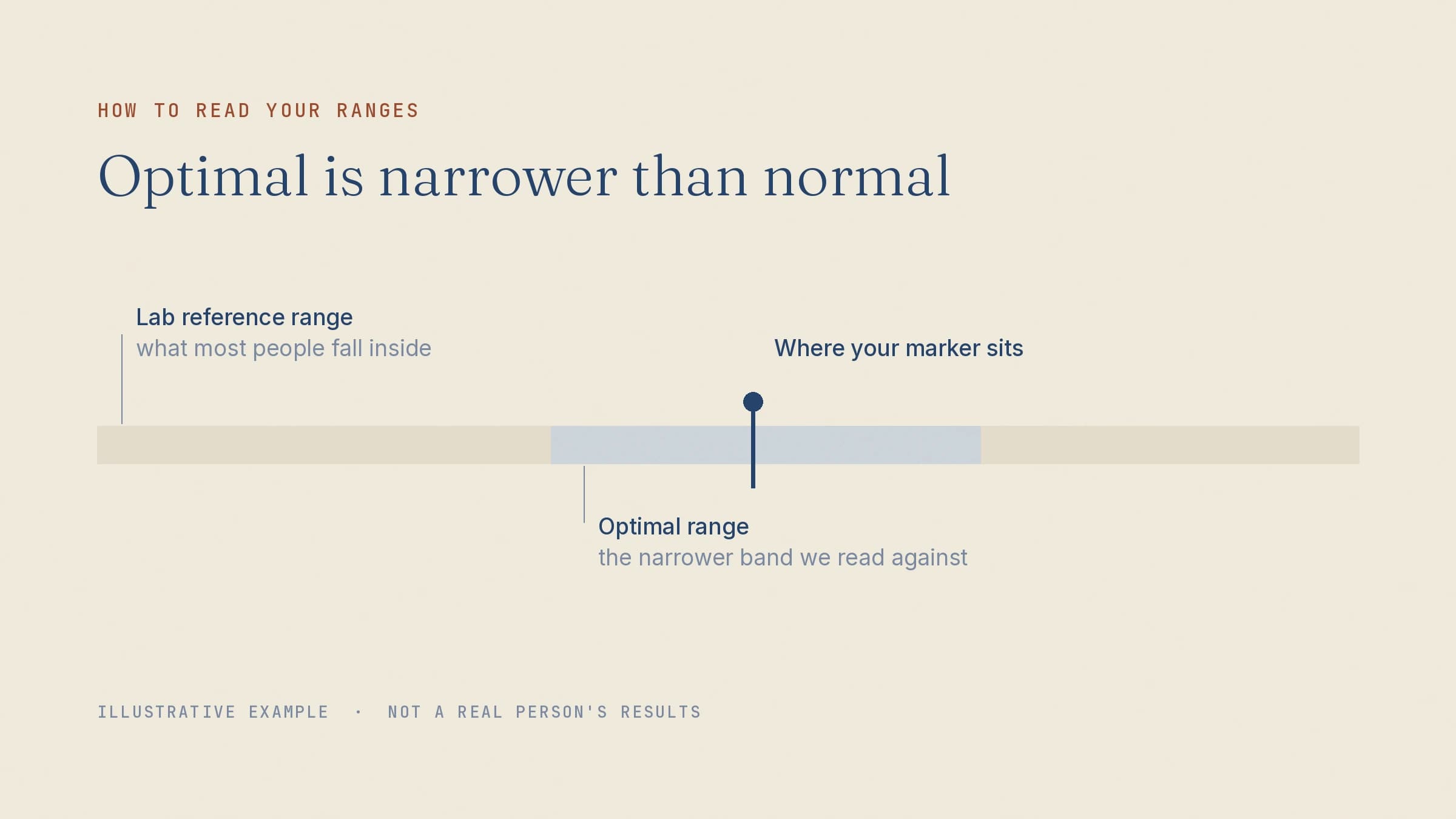 A range bar showing the narrower optimal band sitting inside the wider lab reference range, with a marker plotted against both.