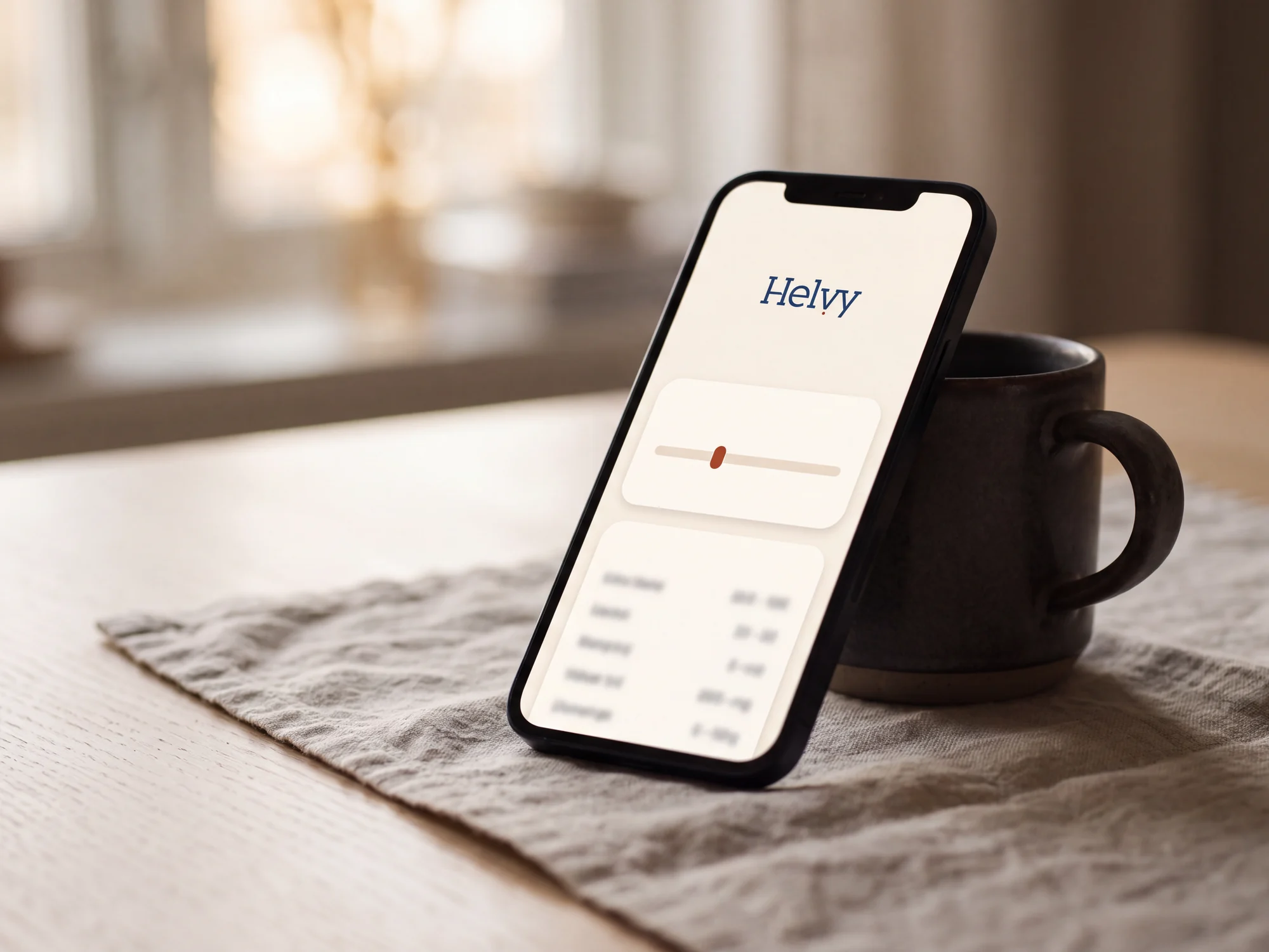 A phone propped against a mug on a linen runner, its screen showing a range bar above a short list of rows