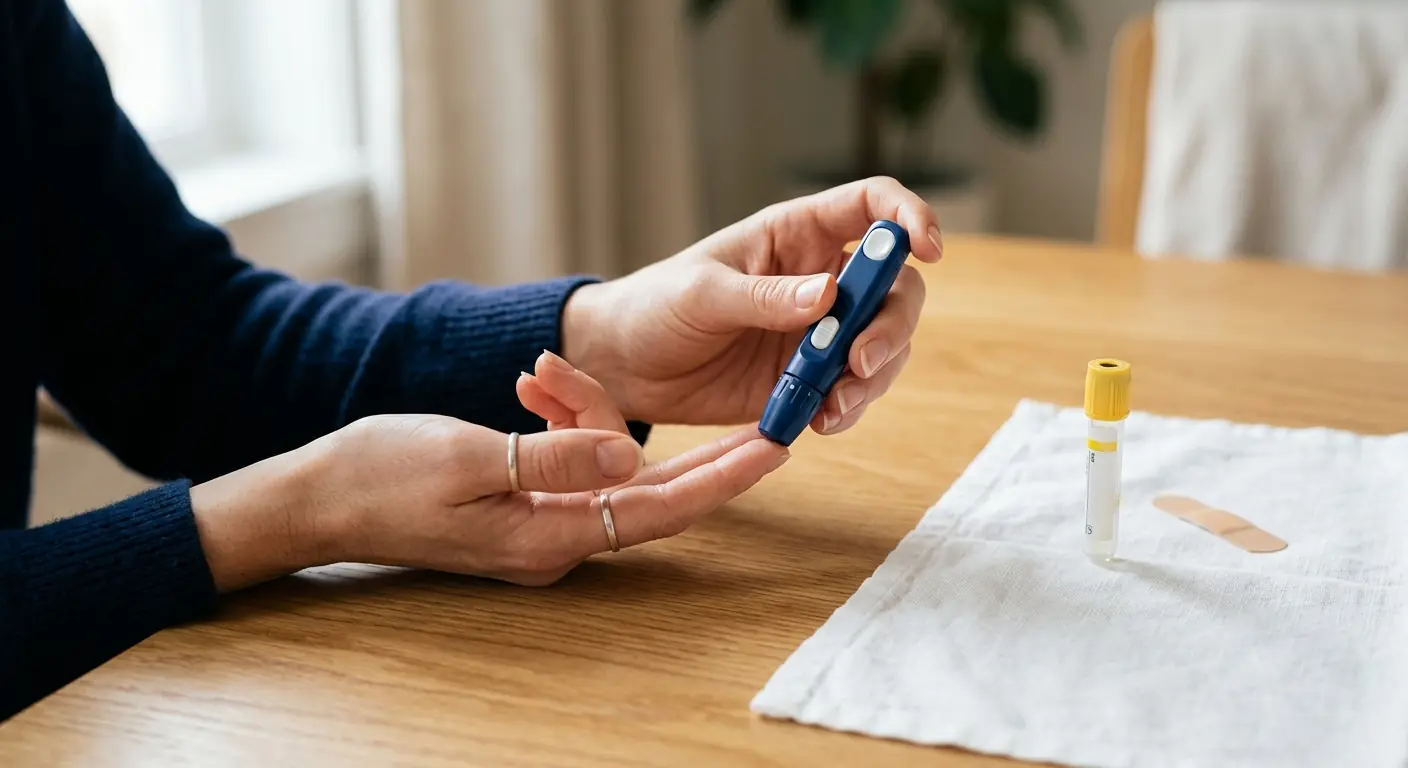 A calm at-home finger-prick, the spring-loaded lancet resting against a fingertip in soft morning light.