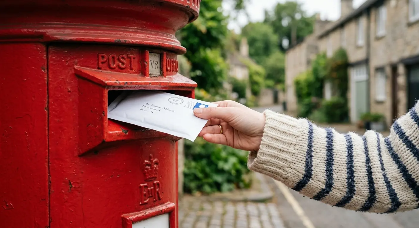 A prepaid return envelope being posted into a British Royal Mail postbox.