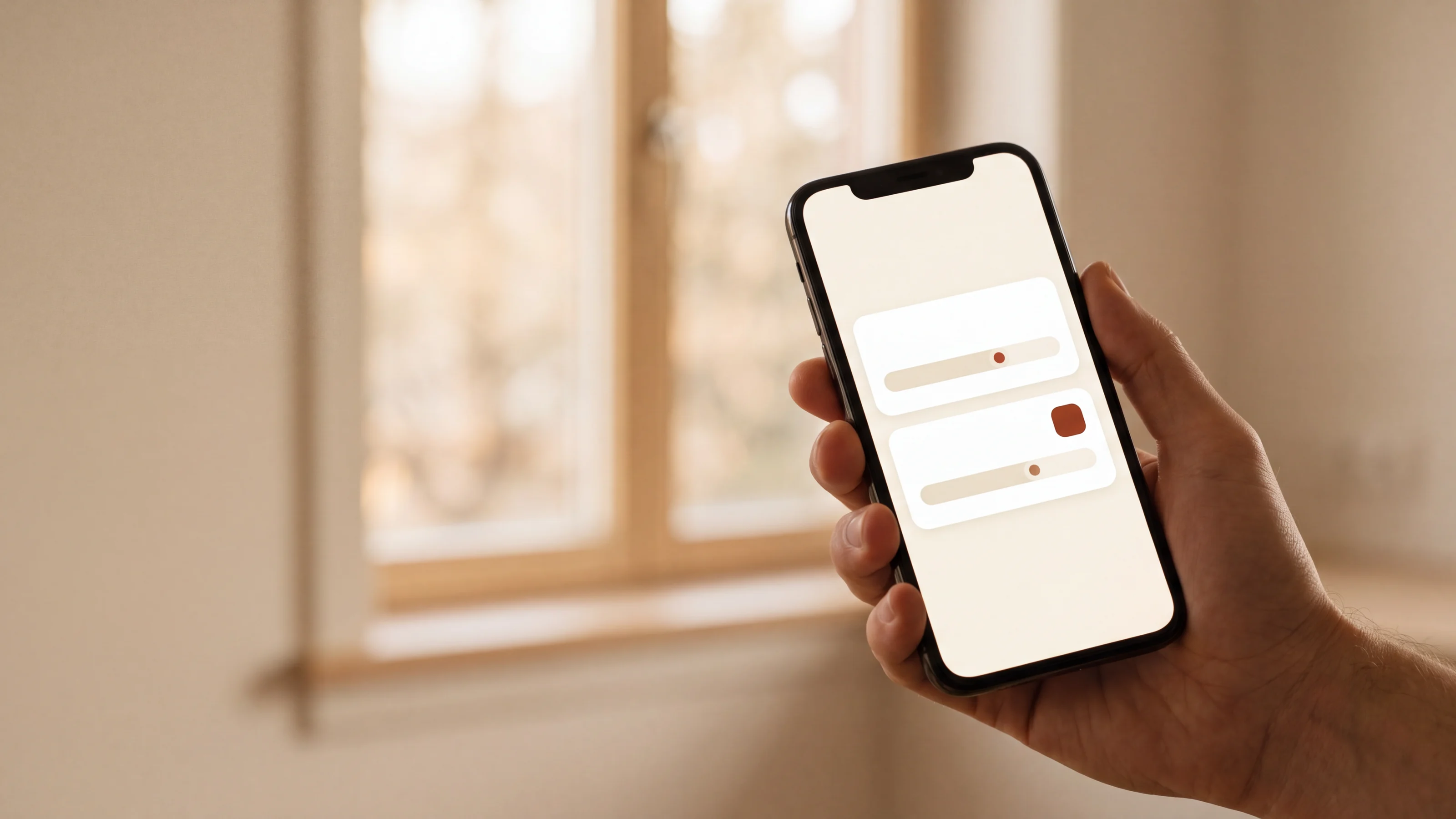 A hand holding a phone in front of a bright window, the screen showing two range bars each with a single marker