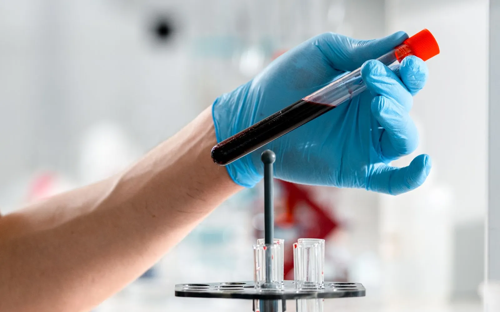 A gloved hand holding a capped tube of blood above a lab test tube rack
