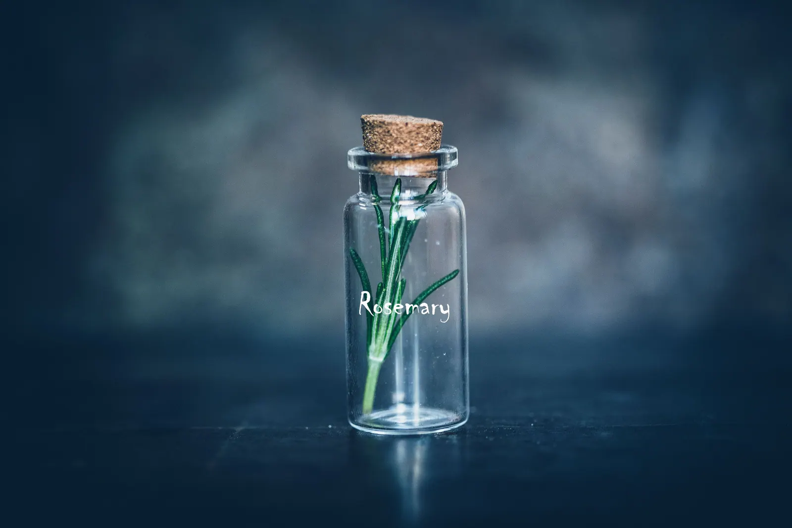 A sprig of rosemary in a clear glass bottle.