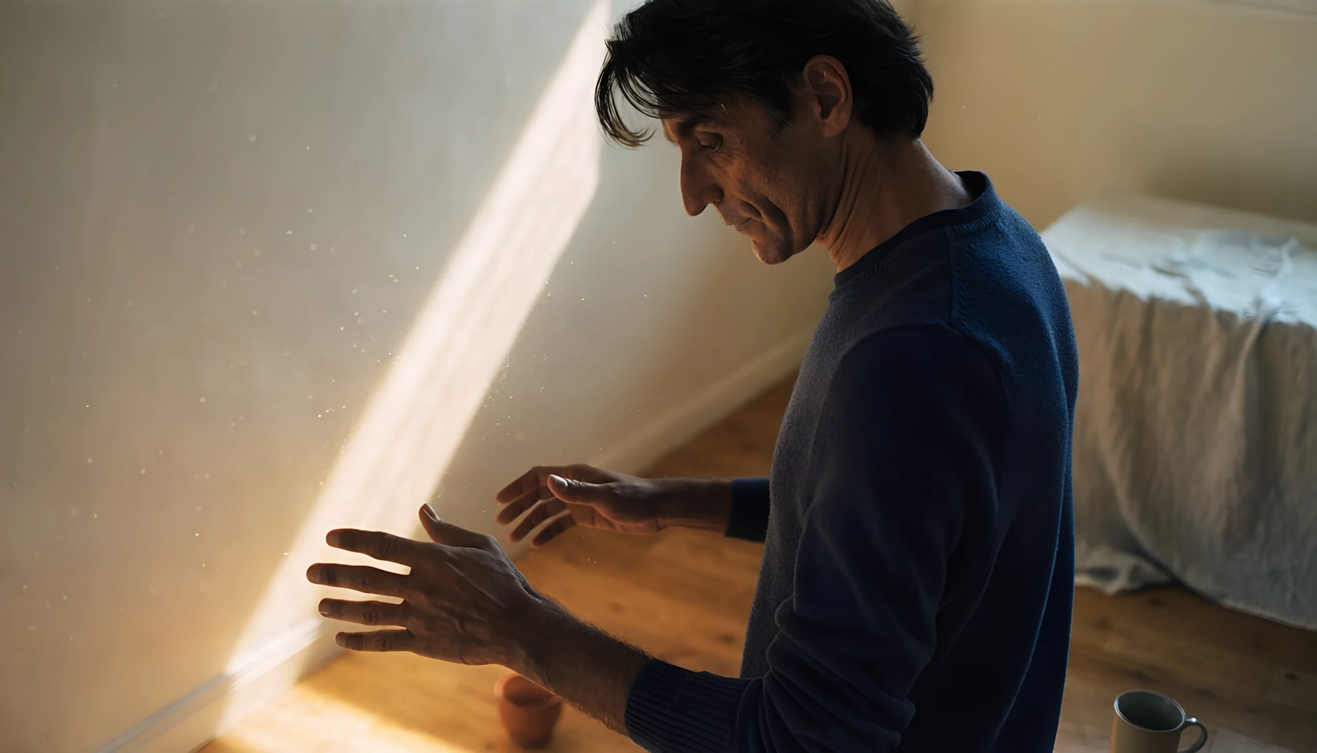 A South Asian man rests his hands in a low beam of morning light