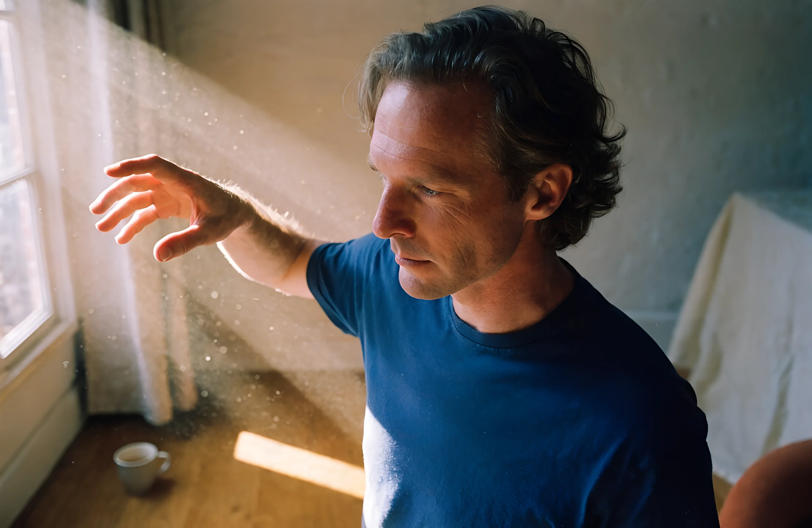 A man reaches a hand into a low shaft of morning light at home
