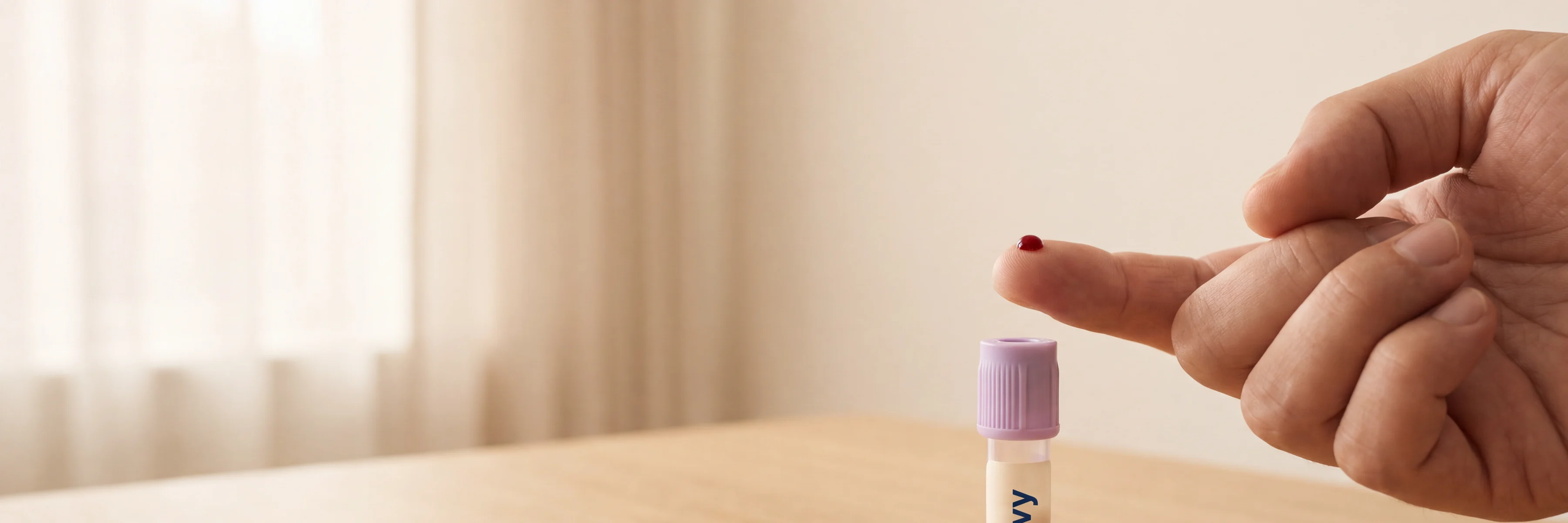 A fingertip carrying one small bead of blood held above a Helvy collection tube on a wooden table
