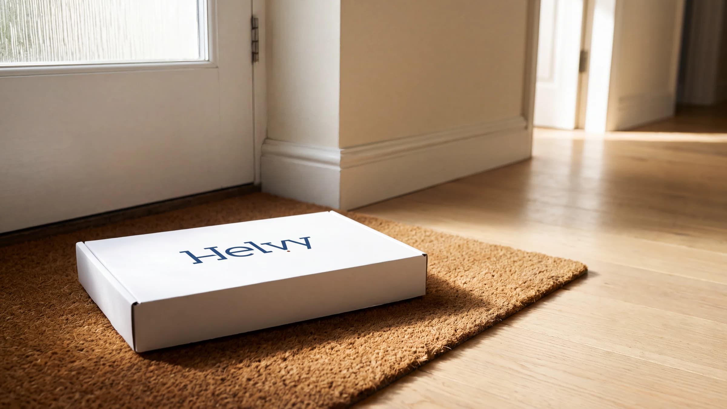 The unopened white Helvy mailer lying on a coir doormat inside a front door, daylight coming through the glass.