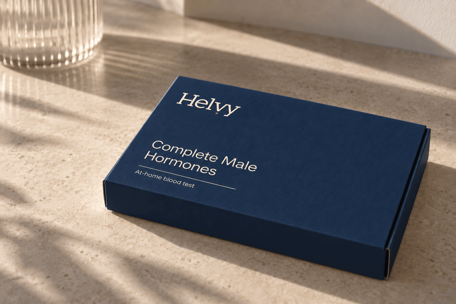 Illustrative Helvy Complete Male Hormones packaging in natural daylight