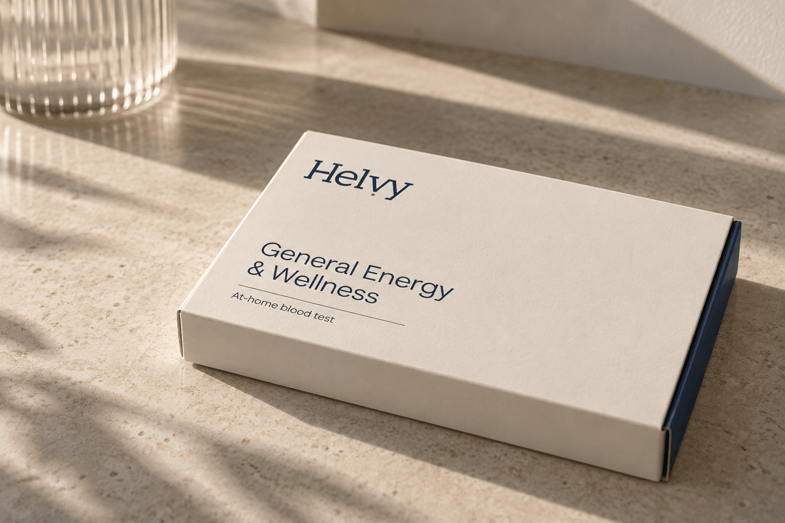 Illustrative Helvy General Energy & Wellness packaging in natural daylight