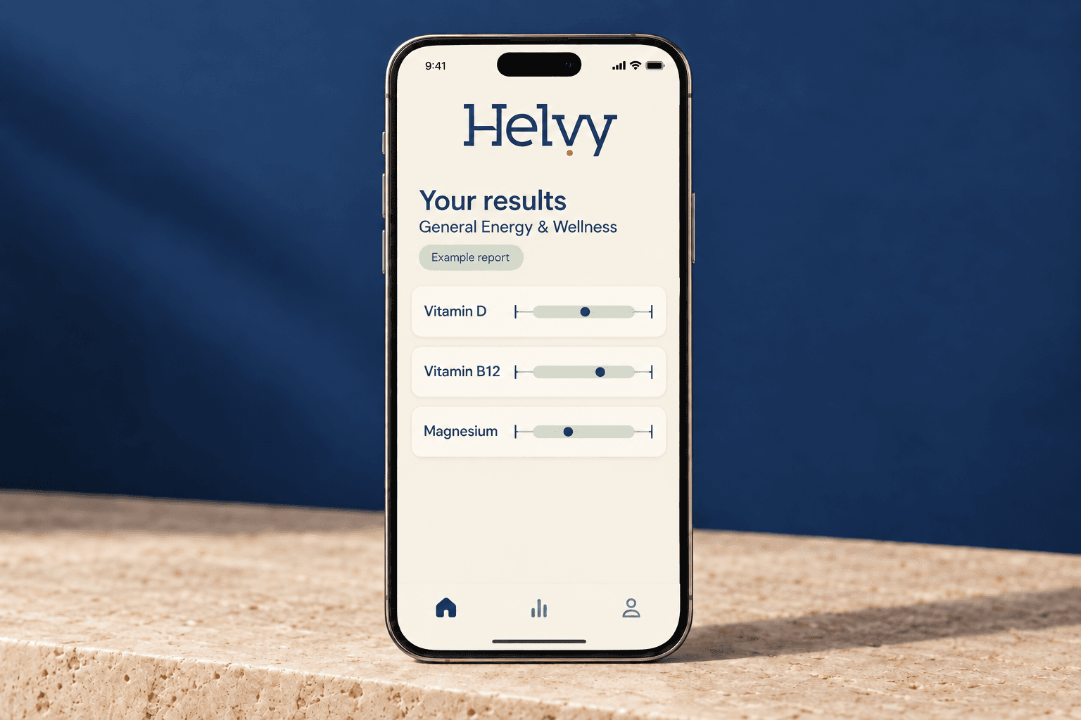 Illustrative General Energy and Wellness results screen on a phone; design concept, not an actual app screenshot