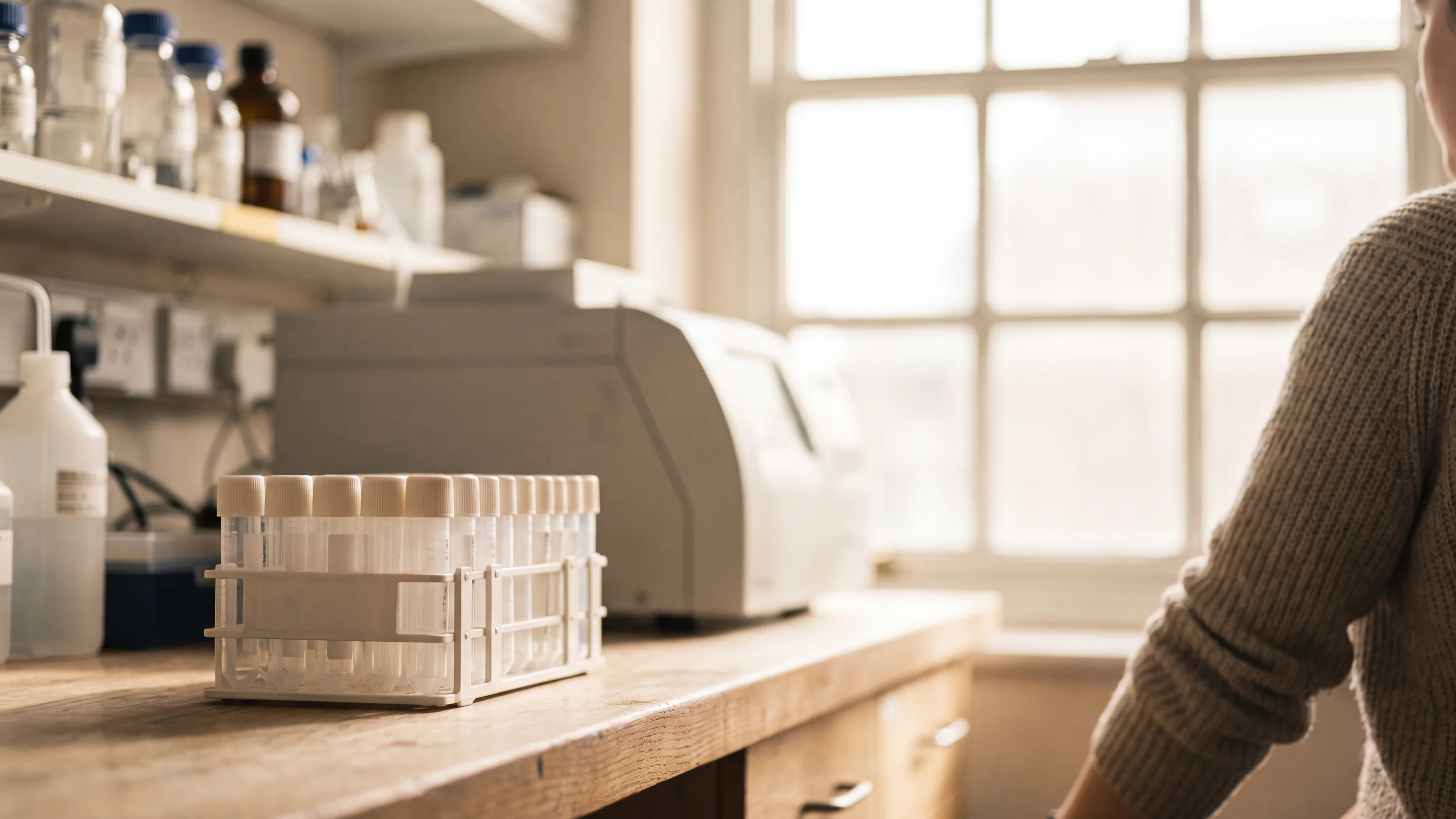 A rack of plain collection tubes on a wooden laboratory bench by a window, an instrument and a technician out of focus behind